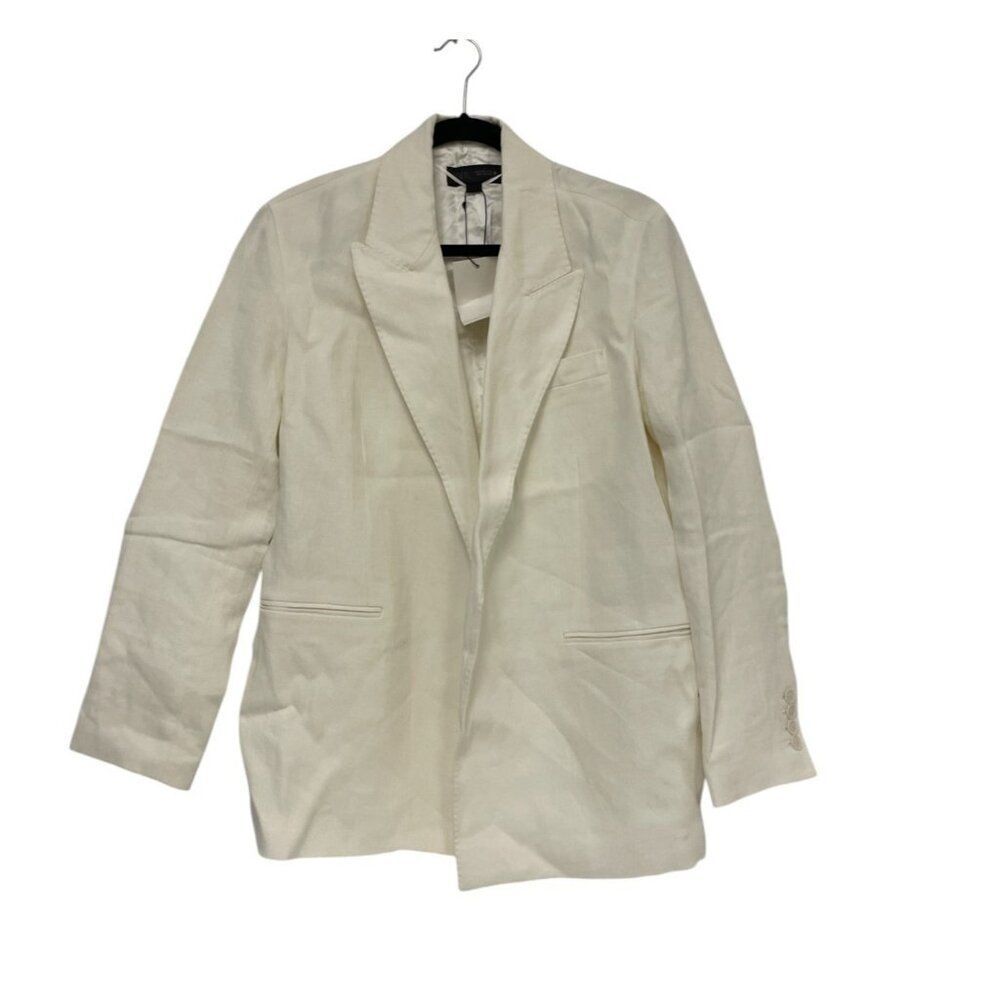 Zara Womens Blazer Suit Jacket Linen Blend XS Ecru Topstitched 2464/586 NWD